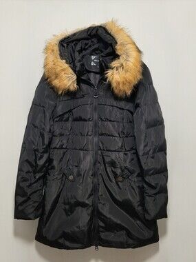 Valuker Black Quilted Puffer Coat Faux Fur Trim Hood Down Feather Winter Lined L